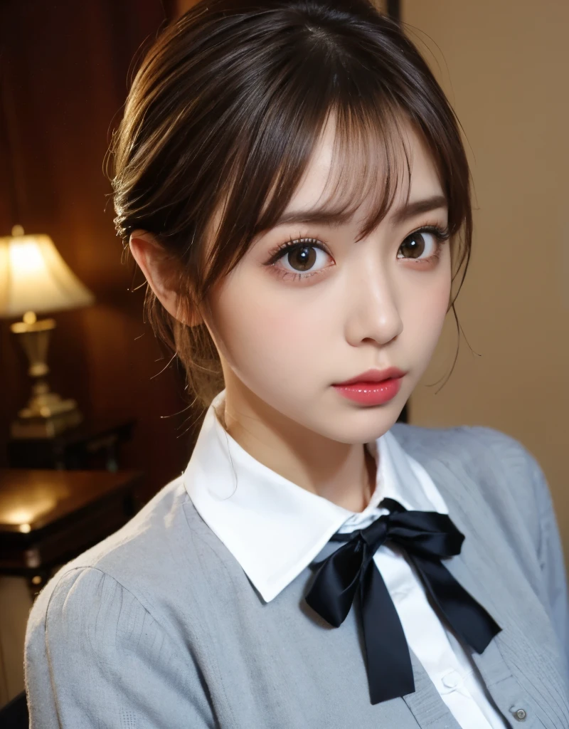 Tabletop、(masterpiece:1.3), (8k, Photorealistic: 1.4, RAW Photos, Best image quality: 1.4), Japanese Idols、Super detailed face、Attention to detail、Genuine、 double eyelid、Big and attractive eyes,Perfectly beautiful eyes、 Sharp focus:1.2、Beautiful woman:1.5、Light blonde、 Highest quality、masterpiece、Ultra-high resolution、Depth of written boundary、Perfect Shadow、(Photorealistic:1.4)、 Highly detailed and professional lighting、whole body、 Perfectly shaped、Symmetrical face、beautiful girl,Sharp focus, Perfect Anatomy,Moist eyes、Glossy lips、Realistic Light、Frilled dress、Kabukicho、Medium Short Hair、big black ribbon in hair、
