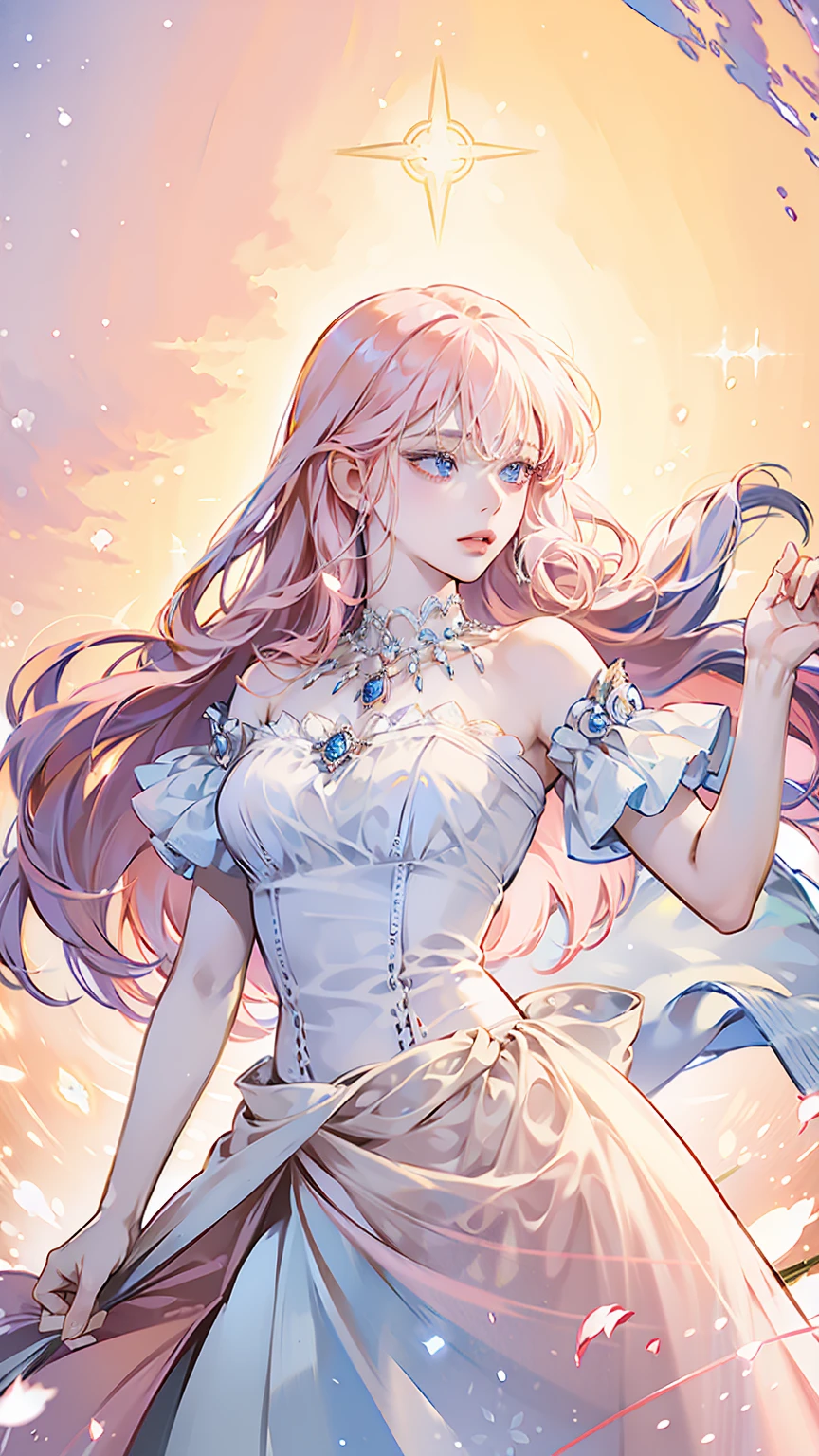 ((best quality)), ((ultra high definition)), ((masterpiece)), ((Romance Fantasy)), ((illustration)), (detailed), (clear), (Perfect), 1 woman, mature, beautiful, pure, expressionless, long pink hair with bangs, white skin, Sapphire blue eyes, Deep double eyelids, abundant eyelashes, pretty lips, big bust, small waist, A gorgeous white dress, Diamond necklace, Action of holding the hem of a skirt with both hands