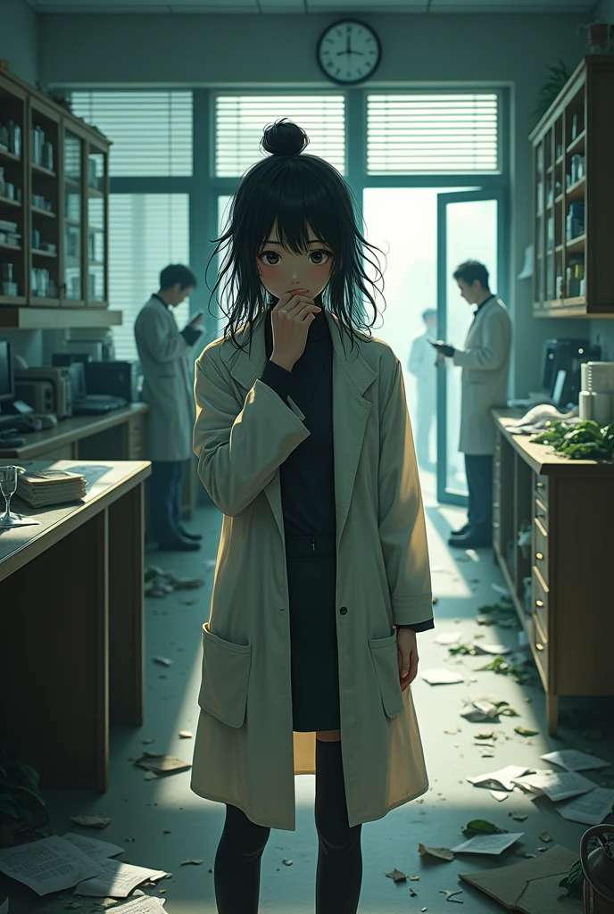 Beautiful botanical genius, Misaki Sato, 28, Japanese, long black hair in a messy bun, Ransacked botanical research lab, early morning sunlight streaming through venetian blinds, creating stark shadows, papers and broken glass strewn across floor, empty orchid specimen case prominent on central table, drawers pulled out, computer with cracked screen, distraught Beautiful botanical genius Misaki in foreground, hand over mouth, eyes wide with shock, wearing previous day's wrinkled lab coat, detective in background taking notes, forensic team dusting for fingerprints, police tape across doorway, other scientists whispering in hallway visible through open door, clock on wall showing 7:15 AM, hyper-realistic, dramatic lighting, crime scene photography style, intricate detail, faded, highly detailed eye, highly detailed eye, 16k resolution, RAW, Nikon Z9, creative, masterpiece, fantasy, super detailed, high resolution, high quality, 8k, realistic, super detailed Dramatic Lighting, Soft Focus, Digital Illustration, Intricate Mechanics, Advanced Techniques, Dark Backgrounds, Cinematic, High Contrast, Moody, Strict, Atmospheric, (Top Quality, 4k, 8k, High Definition, Masterpiece: 1. 2), Ultra-Detailed, (Realistic, Graphic, Photorealistic: 1. 8) -- No glass --AR 16:9 --Stylize 1000