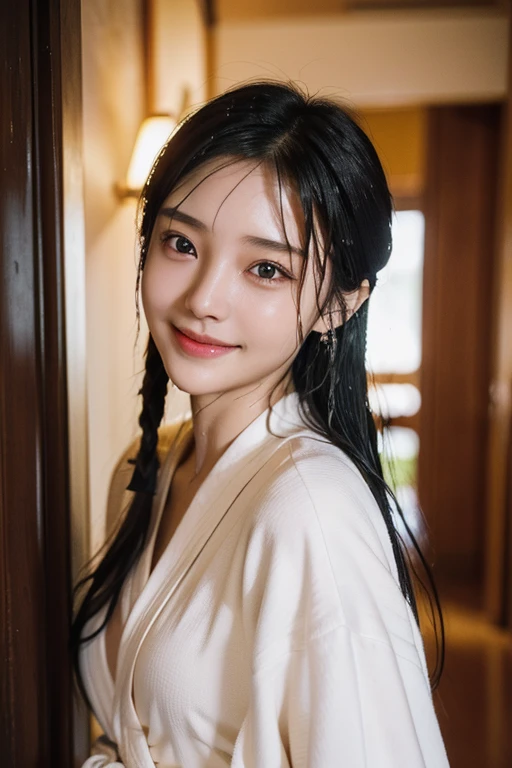 (2 Japanese girl,), (Small breasts:1.5,),(solo,,Textured skin, Detailed skin,Detailed face,Detailed eyes,detailed posing,Natural eyebrows,Sparkling Eyes,High detail, Highest quality, Super detailed, Surrealism, ,8k,RAW Photos,Photographicism,Professional Lighting,Portrait Photography,Soft Light),((Black Hair, Dark Eyes,Natural Makeup,Simple earrings, Bob Hair,ribbon,smile)),(((corridor,Wet Hair,Wear a thin bathrobe)))