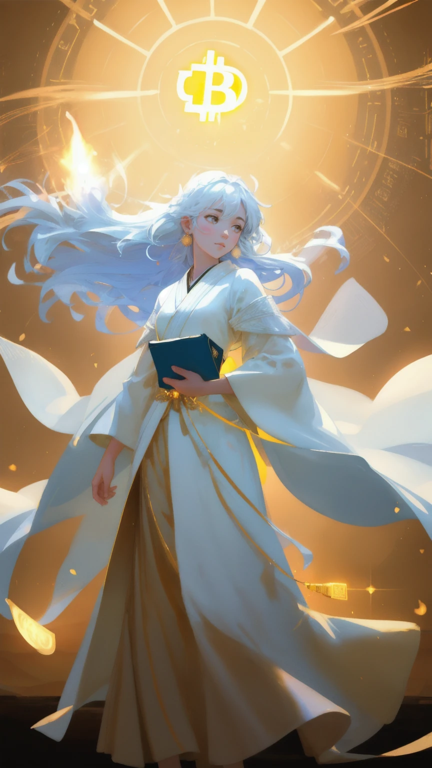 A radiant, beautiful girl with an aura of mystery, dressed in a flowing white robe, floating above a sea of golden Bitcoin coins. She holds a glowing wallet labeled 'Satoshi's Lost Wallet,' with beams of light emanating from it. Around her, ghostly figures reach out with longing hands, trying to grasp the wallet, symbolizing the elusive nature of the lost treasure. The background is a vibrant yellow, enhancing the ethereal and divine atmosphere of the scene, with Bitcoins suspended in the air, casting a warm golden glow.