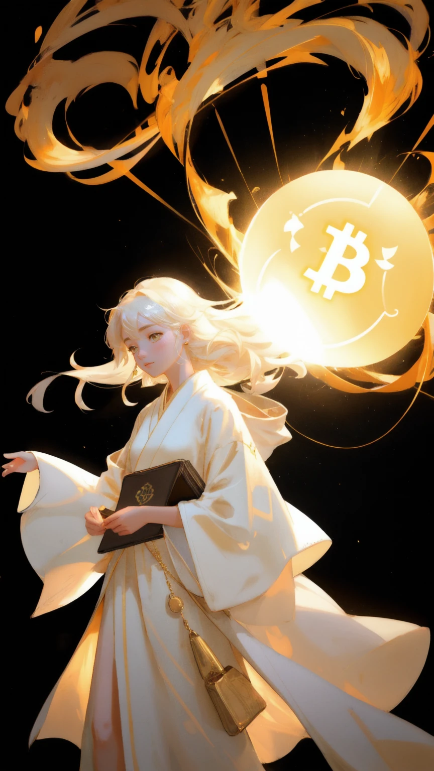 A radiant, beautiful girl with an aura of mystery, dressed in a flowing white robe, floating above a sea of golden Bitcoin coins. She holds a glowing wallet labeled 'Satoshi's Lost Wallet,' with beams of light emanating from it. Around her, ghostly figures reach out with longing hands, trying to grasp the wallet, symbolizing the elusive nature of the lost treasure. The background is a vibrant yellow, enhancing the ethereal and divine atmosphere of the scene, with Bitcoins suspended in the air, casting a warm golden glow.