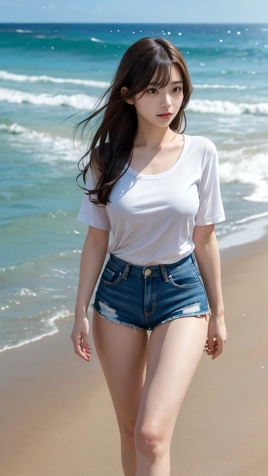 highres, ultra detailed, photorealistic, 1 beautiful japanese girl, highly detailed beautiful face, medium hair, shy, tight shirt, short shorts, (nipple shape clearly visible), walking on the beach, full body