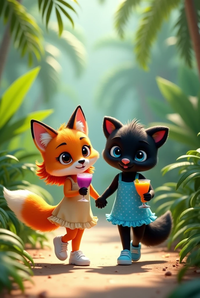 Cute and fluffy orange anthropomorphic fox of small stature in a dark beige full-length sundress.Fox shoes white sneakers. The fox has orange hair that reaches the floor.. A fox holds a sling with a grape cocktail and a straw in its paw. Next to the fox is a cute anthropomorphic fluffy black panther in a short bright blue mini sundress with white polka dots. Panther shoes blue sneakers.The panther has two black tails on the sides of its head that reach down to the floor.. The panther has kind blue eyes. Panther holds a sling with a mango cocktail and a straw in its paw. They walk holding paws along a path in a palm forest..