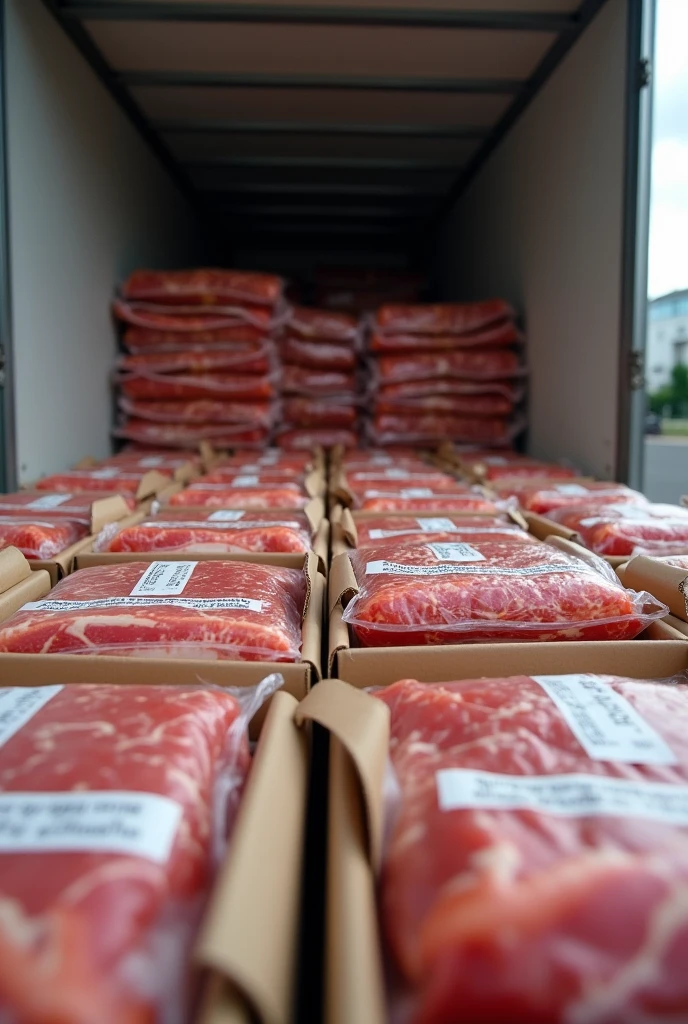The meat is sealed in bags, placed in boxes and transported by refrigerated trucks.