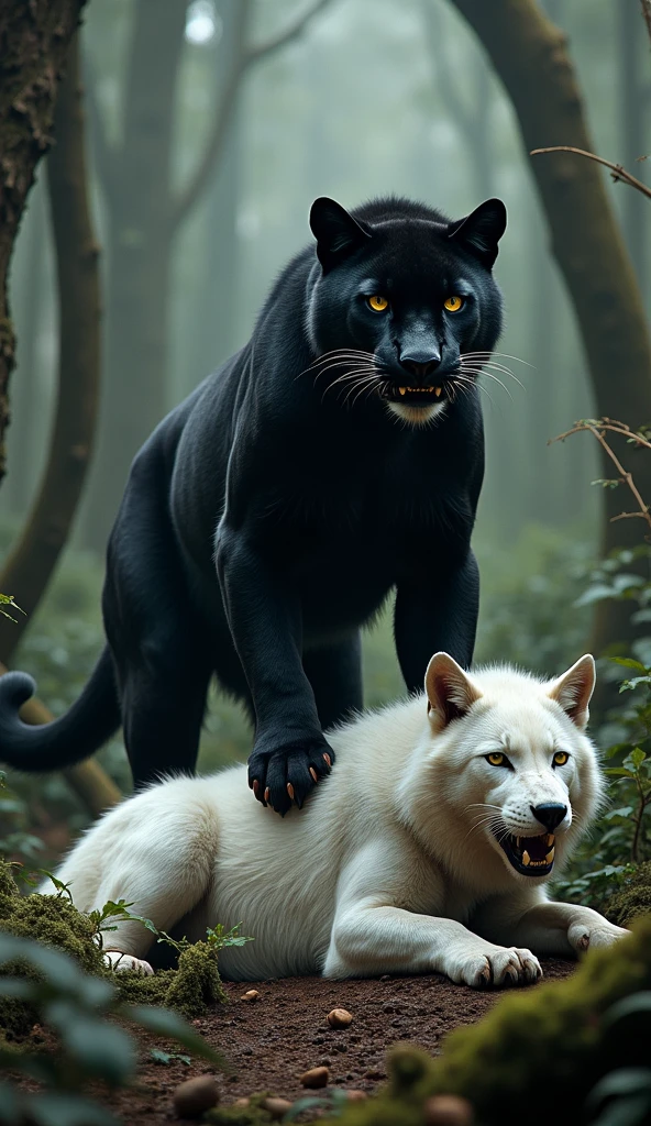 Black panther standing on a dead white wolf that it fought in a forest