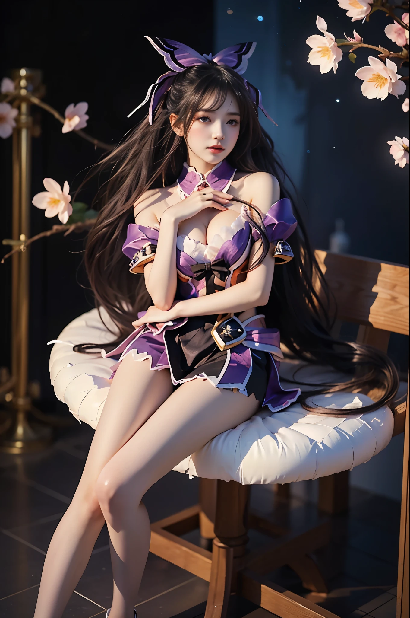 tohkacos tohkaastral Elegant posture, She gently lifted her skirt with one hand,头发周围有白色的Butterfly兰，Lilac dendrobium、White Lily, Long legs , Deep in Wonderland, ((Flowing long hair))Official Art , Unity8k Wallpaper , Extremely detailed , Visible cleavage, Pretty and beautiful , 性感Long legs, masterpiece , best quality ,Practical, Very detailed illustrations ,Extremely detailed , Intricate details , Extremely complex and detailed , Very detailed 8KCG wallpaper , Caustics .reflection , Ray Tracing , Devil theme ,nebula ,Dark aura, Network Effects , (1 girl)solitary , 小蓝Butterfly , (Blue plasma flame , (insect , Butterfly)) Pastel tones in Rococo style ,Light white and light dark red , Incredibly beautiful , Cherry blossoms , Surrealism ,painting , Ethereal , Mixing reality and fantasy elements ,Ray Tracing , Complex Mode , Exquisite lines , Perfect your hands, Starry Sky , Colorful , Star