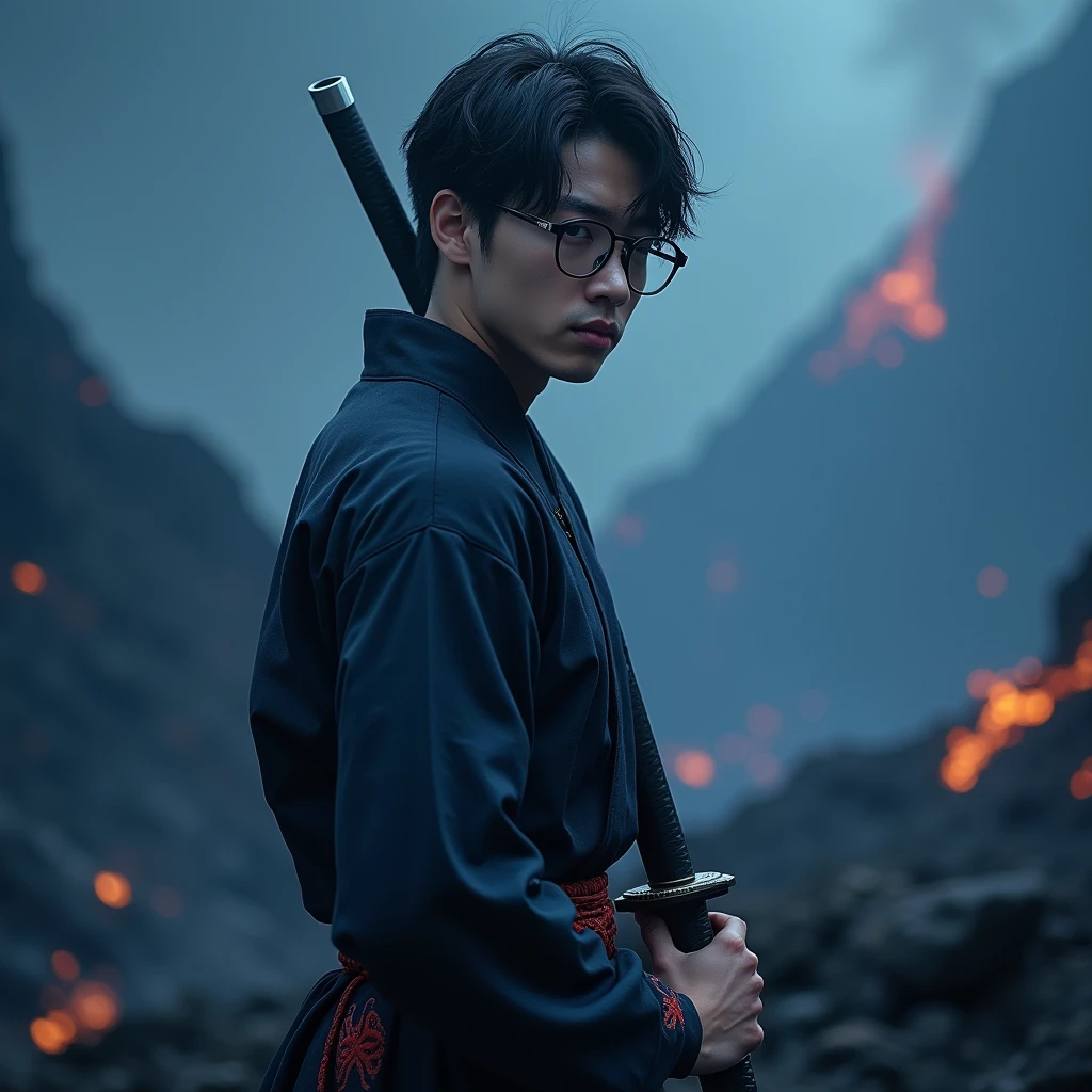 Create a character, insert HD text: “PRAS”, background: darkness vulcano blue, realistic, HDR, use glasses, handsome, korean style, full body, use katana, age 20
