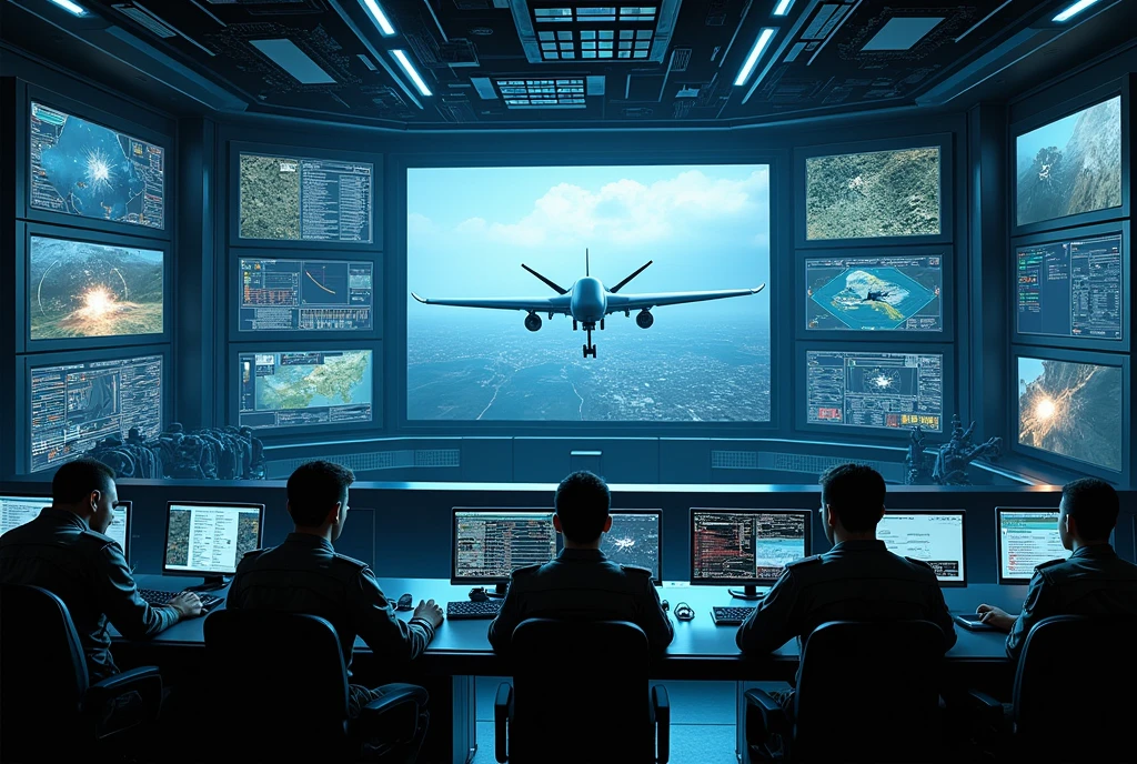 Drone control, big screen, control room, command room, military, drone,