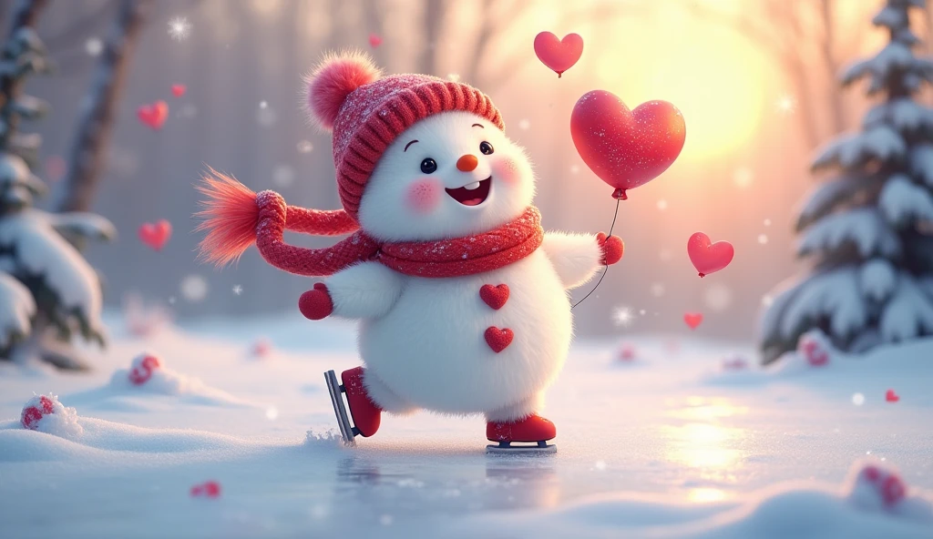 A charming fluffy white snowman wearing a red knitted hat and a red scarf with a heart design, go skating. The snowman has bright, sparkling black eyes and a delicate, happy expression. It sits in an enchanting winter setting with light pink heart-shaped balloons and heart-shaped snowflakes drifting around. The surrounding trees are laden with snow and the sky above glows with a gentle twilight blue, contributing to a magical and affectionate mood. The image should embody a cartoon-like and extremely adorable style, with a soft-focus background to amplify the fairy-tale-like ambiance of the composition.