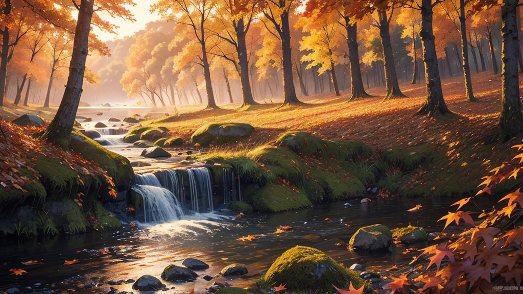 ((masterpiece)),((Highest quality)),((High Detail)),nobody,background, forest, river, Bonfire, night, autumn leaves