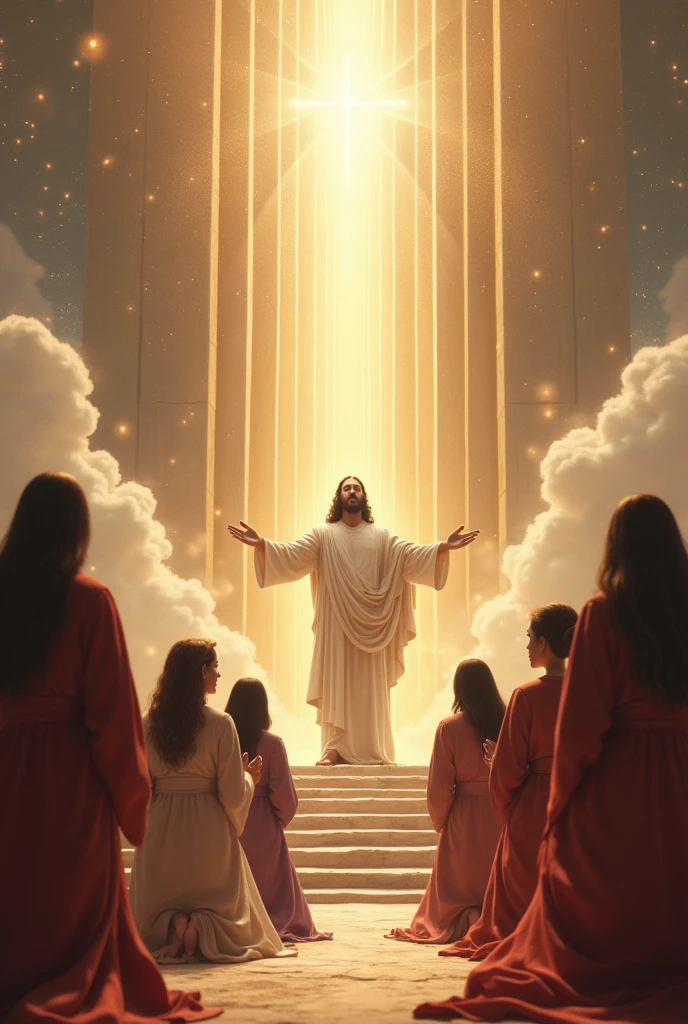 I would like you to create a group of women kneeling before the throne of God and Jesus and God on their thrones happy for the presence of women