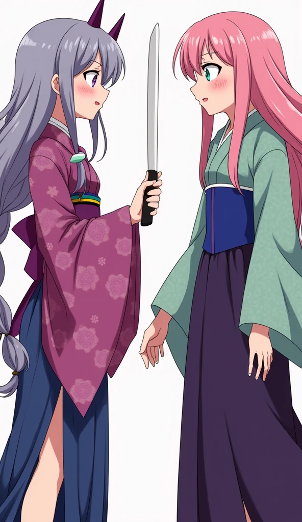  girls are just looking at each other.Two girls are standing opposite each other. The girl on the left is holding a sword aimed at her opponent and is very angry, while the girl on the right is smiling and trying to calm her down. The girl on the leftA girl with gray-purple hair styled into two braids like Mitsuri from the anime 'Demon Slayer'. She has bright flesh-colored eyes and double horns of the same color. Her outfit should resemble a kimono, but with slits at the bottom for easier movement. The sleeves and upper part of the kimono, including the slits, should be pink-purple, while the fabric covering the chest and the top of the slits should be blue.the girl on the right A girl with light pink skin, long pink hair down to her knees, a heart on her forehead, bright turquoise eyes, sleeves like those of a kimono, a corset, and a long dress. The dress is dark purple, the corset is blue, and the upper part is light green. The clothing should have no patterns and no pink color on it."