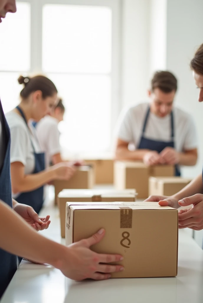 People are preparing parcel boxes in a white atmosphere.