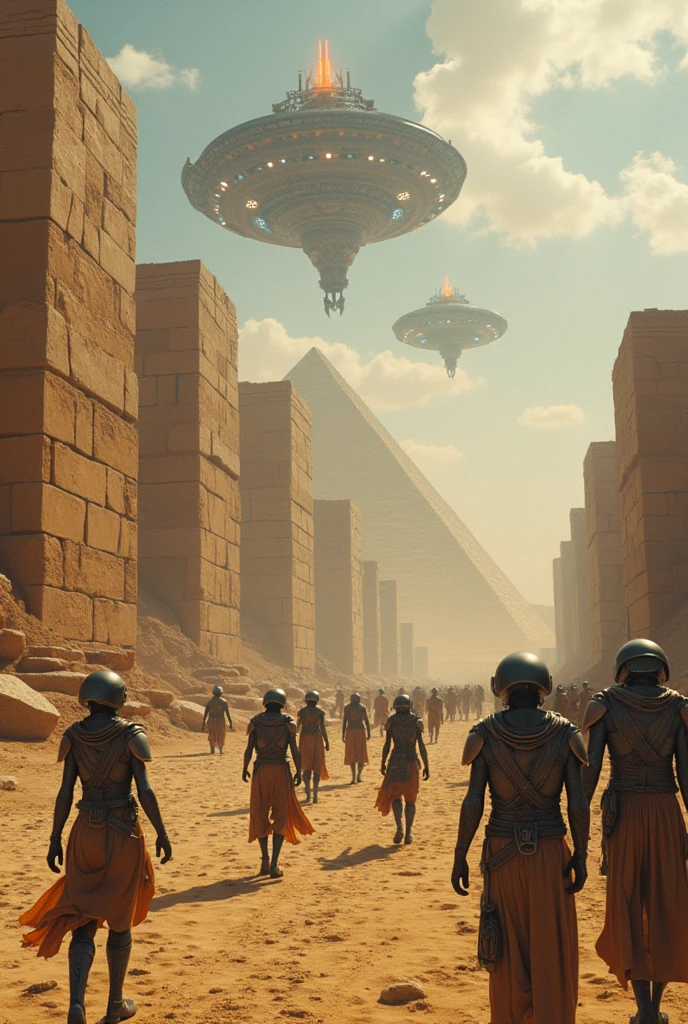 "Create a scene set millions of years ago, showing advanced aliens and ancient humans working together to build the pyramids of Egypt. Aliens must have a futuristic appearance, with advanced technology suits and shiny helmets. They are using technological spaceships to transport and position huge blocks of stone. The ships must be visible in the sky, with distinct alien lights and structures. the humans, dressed in period clothing, are helping in the construction with primitive tools. The setting is a vast Egyptian desert, with pyramids under construction in the background, and a dramatic, surreal sky that mixes historical elements with extraterrestrial technology."