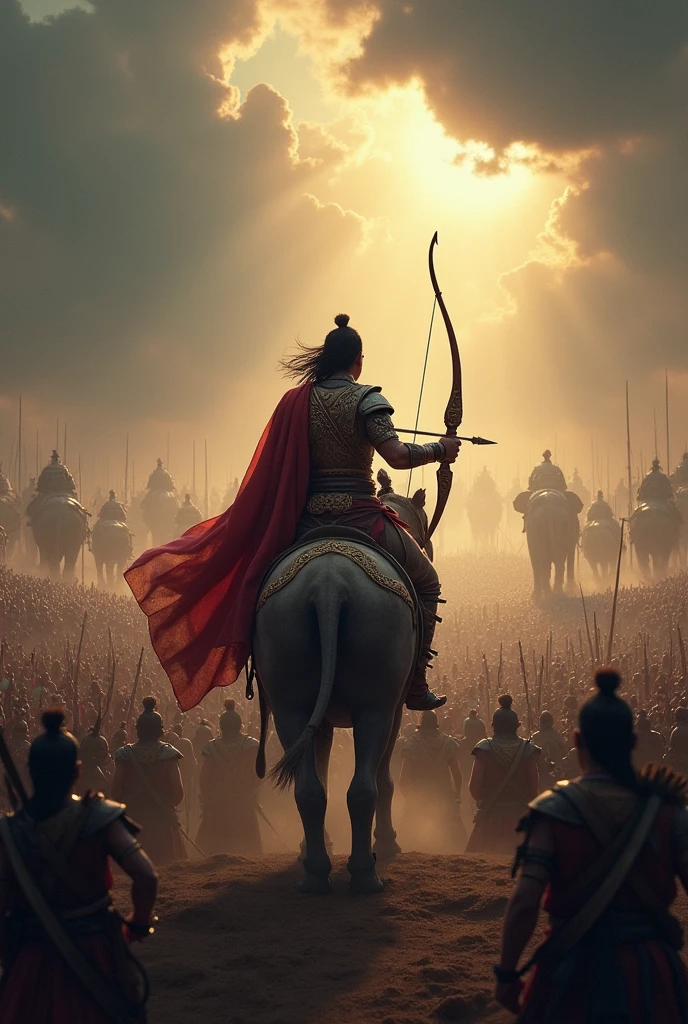 Arjuna, the great warrior, standing on a chariot, looking out over a vast battlefield with soldiers, chariots, and elephants. The sky is tense and dramatic, reflecting his inner turmoil