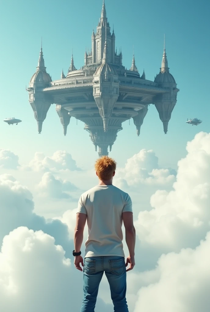 A cinematic medium shot of a athletic 46yr old man with strawberry-blonde hair wearing a t-shirt and jeans. Strong cinematic posture, back to the camera. He is standing knee-deep in clouds, between fluffy white clouds and looking at a magnificent fantasy city with intricate details. The city is floating in the air above the clouds, with small cylindrical objects flying around it. The background is a clear blue sky. The city has a heptagonal shape, with corner towers connected to the central part by galleries and passages. The city's design is gothick, strict yet graceful, combining futuristic and traditional architectural elements. It soars high in the sky in the air far away. The city has a fantasy look with a futuristic twist, and the flying towers serve as defense structures.
