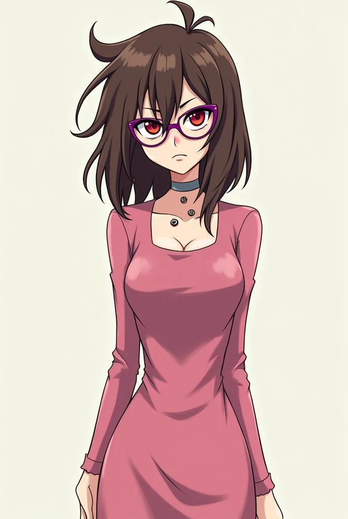 (masterpiece, best quality), 1girl, red eyes, spiky medium length hair, pink dress, long sleeves, pencil skirt, brown hair hair, small ass, small breasts, 1, smug smile, tall, disapproving look, four eyes on neck, purple glasses, small shoulders, long arms, A cup breasts, grey choker