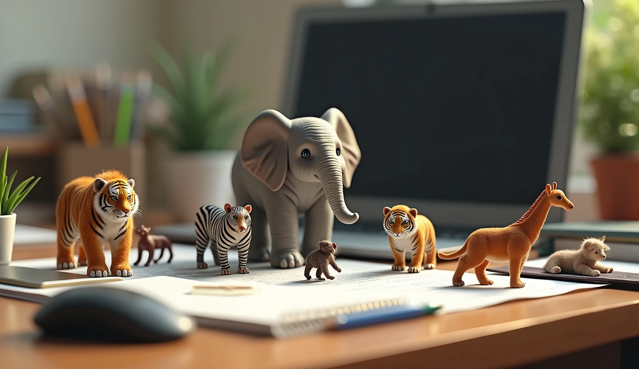 Create an image of an office desk with a realistic setup, including a laptop, mouse, smartphone, writing tools, and scattered sheets of paper. Among these everyday items, place incredibly small, lifelike animals, such as an elephant, tiger, monkey, zebra, and giraffe. The animals should look real and appear as if they are naturally interacting with the office supplies.