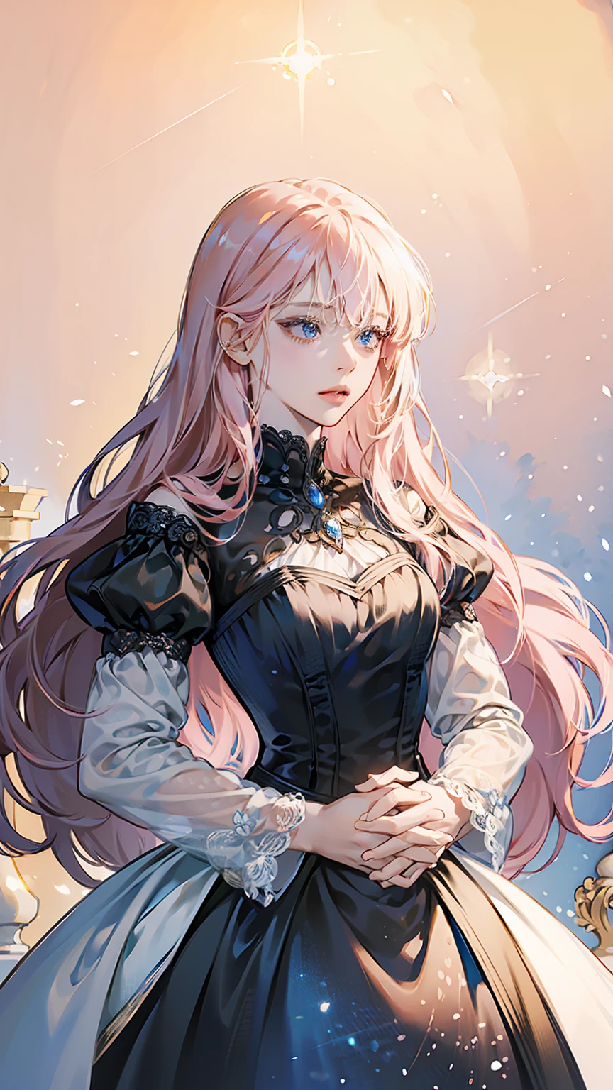 ((best quality)), ((ultra high definition)), ((masterpiece)), ((Romance Fantasy)), ((illustration)), (detailed), (clear), (Perfect), 1 woman, mature, beautiful, pure, expressionless, long pink hair with bangs, white skin, Sapphire blue eyes, Deep double eyelids, abundant eyelashes, pretty lips, big bust, small waist, A gorgeous black dress, Black Accessories, Standing still, Hands clasped together