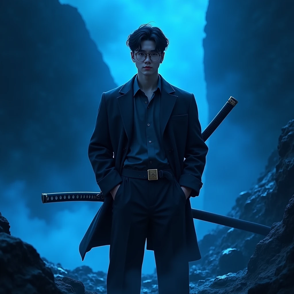 Create a character, insert text: “PRAS”, background: darkness vulcano blue, realistic, HDR, use glasses, handsome, korean style, full body, use katana, age 20