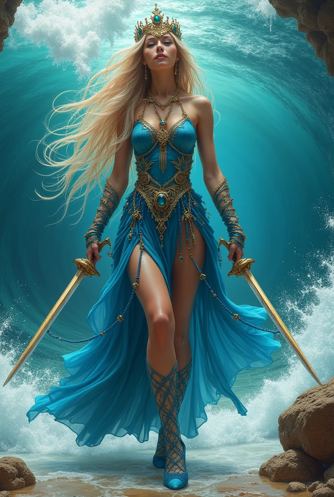 Sexy Australian ocean goddess, long lustrous dirt blonde hair, (very wavy hair, very long hair, windblown hair, hair with beach waves ), deep blue eyes, sparking dangerous eyes, sharp jawline, thin but hard mouth, (((broad shoulders, (((((massive breasts))))), tight waist, thicc butt and thighs))), (loose water-like blue dress adorned with coral and sapphires, blue high heels with aquamarine, blue lace stockings with teal wave designs, thin gold jewelry around her neck and wrists, water-inspired flowing gold/sapphire crown), gold metal gauntlets with blue wave art on them, ((dual-wielding swords made of hard reflective sapphire)), net-wrapped sword hilts, powerful goddess, standing before her throne of water in a shallow cove, powerful and sexy standing pose, goddess’s throne room in a remote ocean cove, very intricate and detailed background scene, waves of water springing up behind her, bending the waves to her will, inside a wave, highly detailed, goddess, powerful, sexy, real, incredibly realistic and hyper detailed fantasy art of a mythical goddess