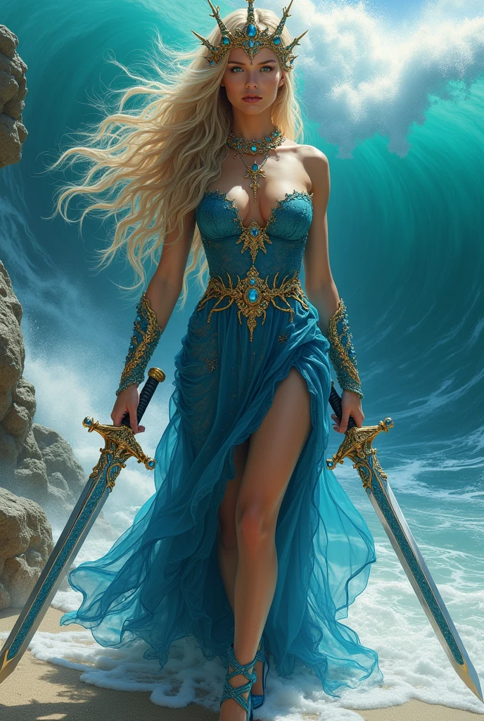 Sexy Australian ocean goddess, long lustrous dirt blonde hair, (very wavy hair, very long hair, windblown hair, hair with beach waves ), deep blue eyes, sparking dangerous eyes, sharp jawline, thin but hard mouth, (((broad shoulders, (((((massive breasts))))), tight waist, thicc butt and thighs))), (loose water-like blue dress adorned with coral and sapphires, blue high heels with aquamarine, blue lace stockings with teal wave designs, thin gold jewelry around her neck and wrists, water-inspired flowing gold/sapphire crown), gold metal gauntlets with blue wave art on them, ((dual-wielding swords made of hard reflective sapphire)), net-wrapped sword hilts, powerful goddess, standing before her throne of water in a shallow cove, powerful and sexy standing pose, goddess’s throne room in a remote ocean cove, very intricate and detailed background scene, waves of water springing up behind her, bending the waves to her will, inside a wave, highly detailed, goddess, powerful, sexy, real, incredibly realistic and hyper detailed fantasy art of a mythical goddess