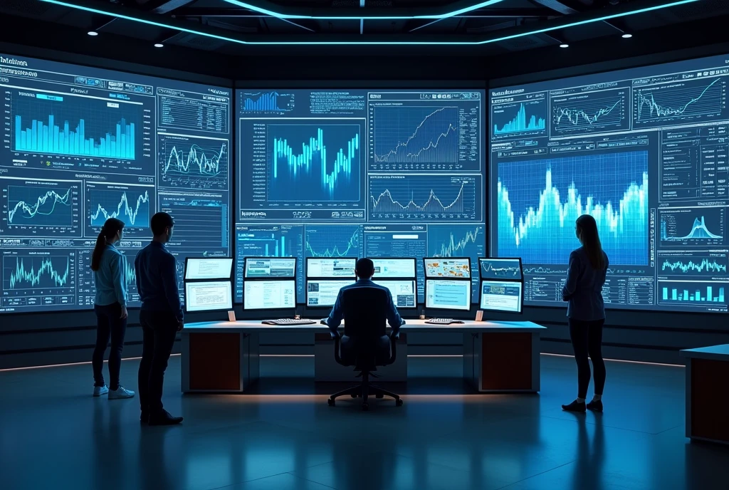 Banking solutions, charts, big screen, control room,
