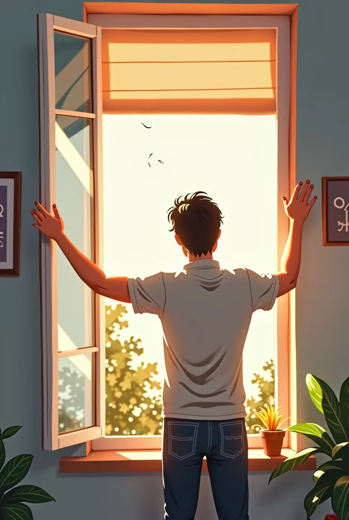Une image d'animation Du type GIF représente un personnage Qui ouvre une fenêtre pour Prendre un grand bol d'air frais