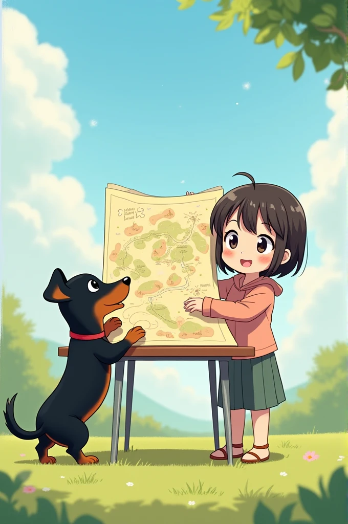 Me and my dog ,small black short-haired dachshund We are holding a table with a map Nice Day Anime