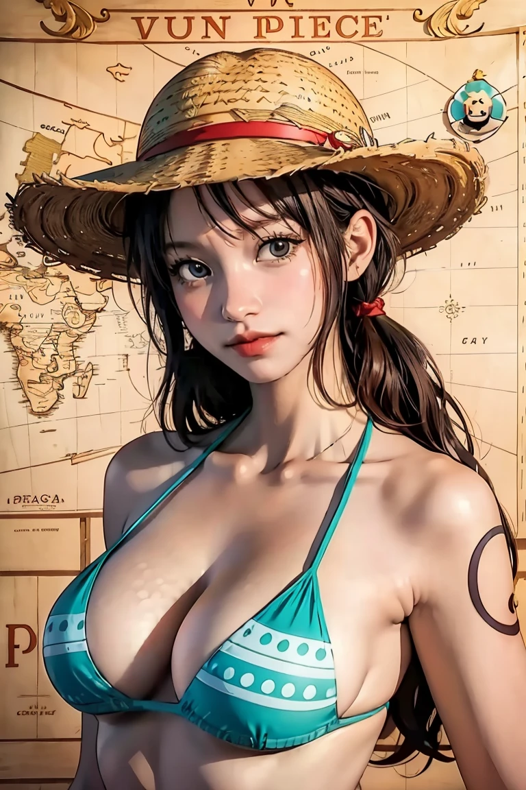 Woman in bikini top and straw hat map on background, In one piece., of the work., we, One piece cruise, One-piece art style, from one piece, beautiful portrait of nami, Patreon map, one piece, anime", Wallpaper!, Luffy (one piece, Estiro One Piece, Map Key,