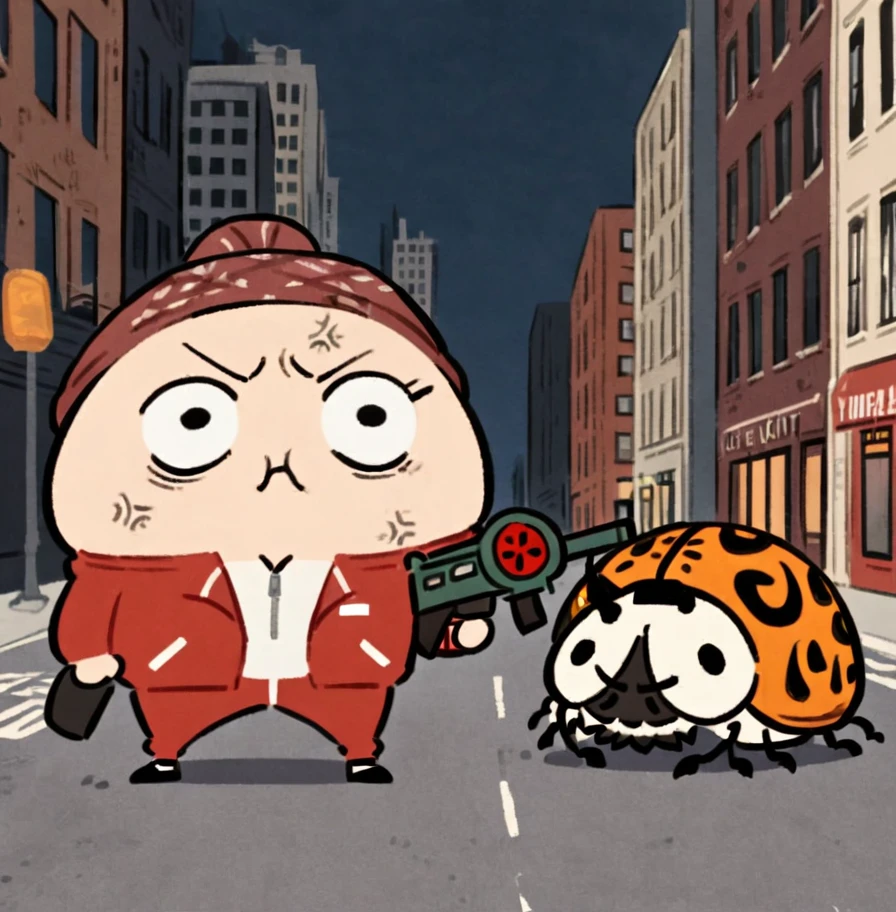 1Beetle, White Spiked Lirchin Beetle, Circle Eye, Oval Pupils, Red Keffiyeh Arab Head Scarf Headwear, Red Tracksuit Jacket, Orange neckerchief, Evil Angry, Holding Uzi Gun, New York City on Midnight, Style of MFKZ