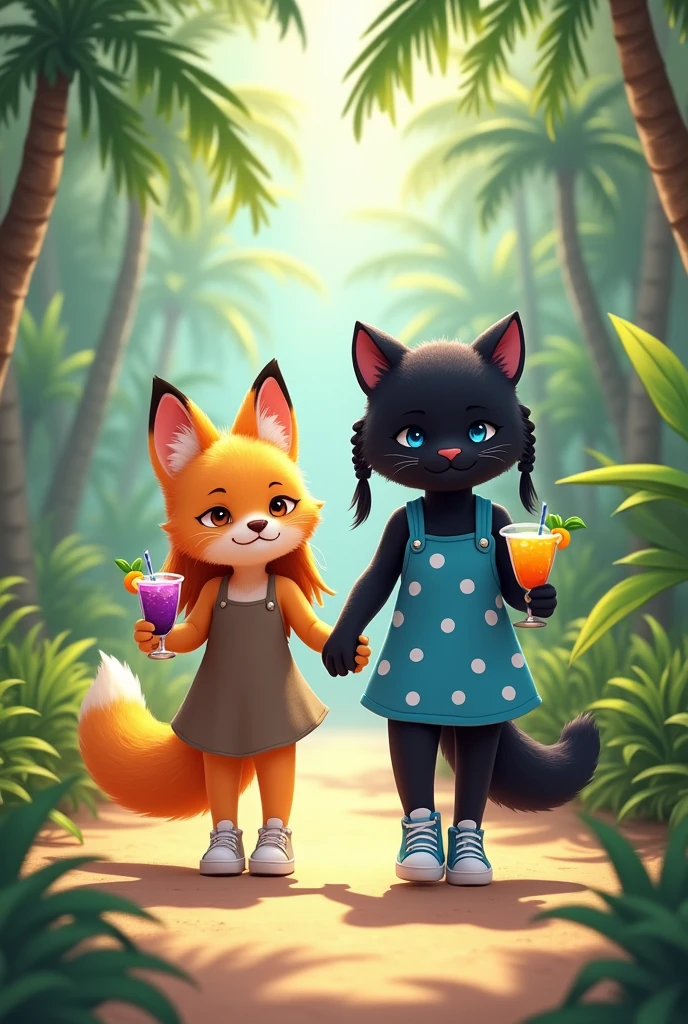 Cute and fluffy orange anthropomorphic fox of small stature in a dark beige full-length sundress.Fox shoes white sneakers. The fox has orange hair that reaches the floor.. A fox holds a sling with a grape cocktail and a straw in its paw. Next to the fox is a cute anthropomorphic fluffy black panther in a short bright blue mini sundress with white polka dots. Panther shoes blue sneakers.The panther has a hairstyle on the sides of its head with two black ponytails reaching to the floor.. The panther has kind blue eyes. Panther holds a sling with a mango cocktail and a straw in its paw. They walk holding paws along a path in a palm forest..

