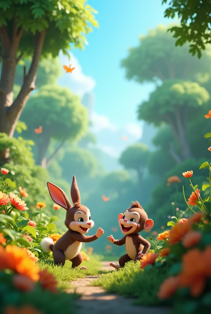 In 3d animation style"Illustrate a vibrant jungle with lush green trees, flowers, and a clear blue sky. Show the playful rabbit and the clever monkey as they live happily in this setting"