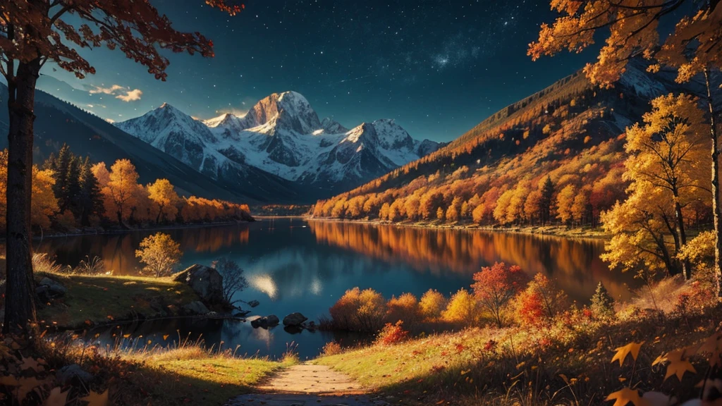 ((masterpiece)),((Highest quality)),((High Detail)),nobody,background, forest, lake, Mountain, night, autumn leaves