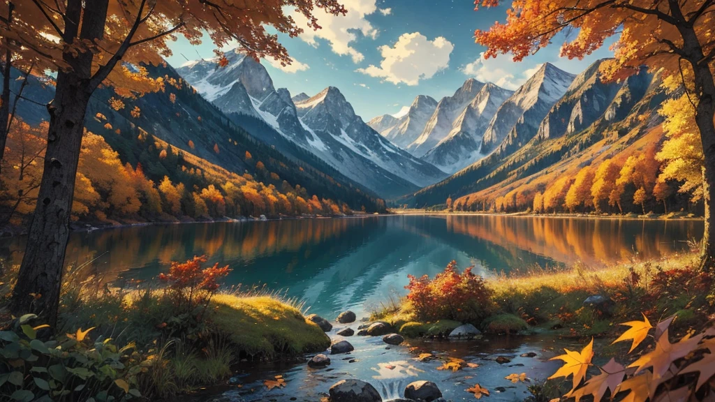 ((masterpiece)),((Highest quality)),((High Detail)),nobody,background, forest, lake, Mountain, night, autumn leaves