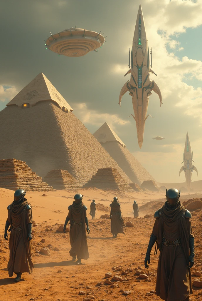 "Create a scene set millions of years ago, showing advanced aliens and ancient humans working together to build the pyramids of Egypt. Aliens must have a futuristic appearance, with advanced technology suits and shiny helmets. They are using technological spaceships to transport and position huge blocks of stone. The ships must be visible in the sky, with distinct alien lights and structures. the humans, dressed in period clothing, are helping in the construction with primitive tools. The setting is a vast Egyptian desert, with pyramids under construction in the background, and a dramatic, surreal sky that mixes historical elements with extraterrestrial technology."