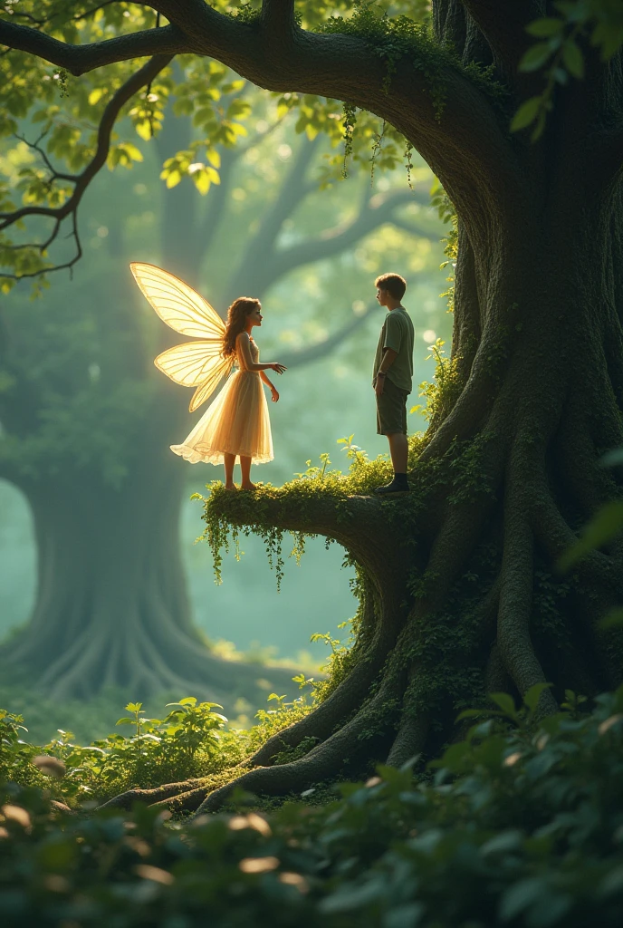 As Tom approached the tree, he noticed a tiny figure resting on one of its branches. It was a beautiful fairy lady with delicate wings that shimmered like the morning dew.