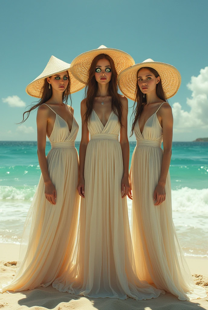 three women standing on a beach with a hat on, !5 three eyed goddesses, photo taken in 2 0 2 0, three women, standing near the beach, people in beach, taken in the early 2020s, three eyed goddesses, in style of thawan duchanee, at a beach, 3 heads