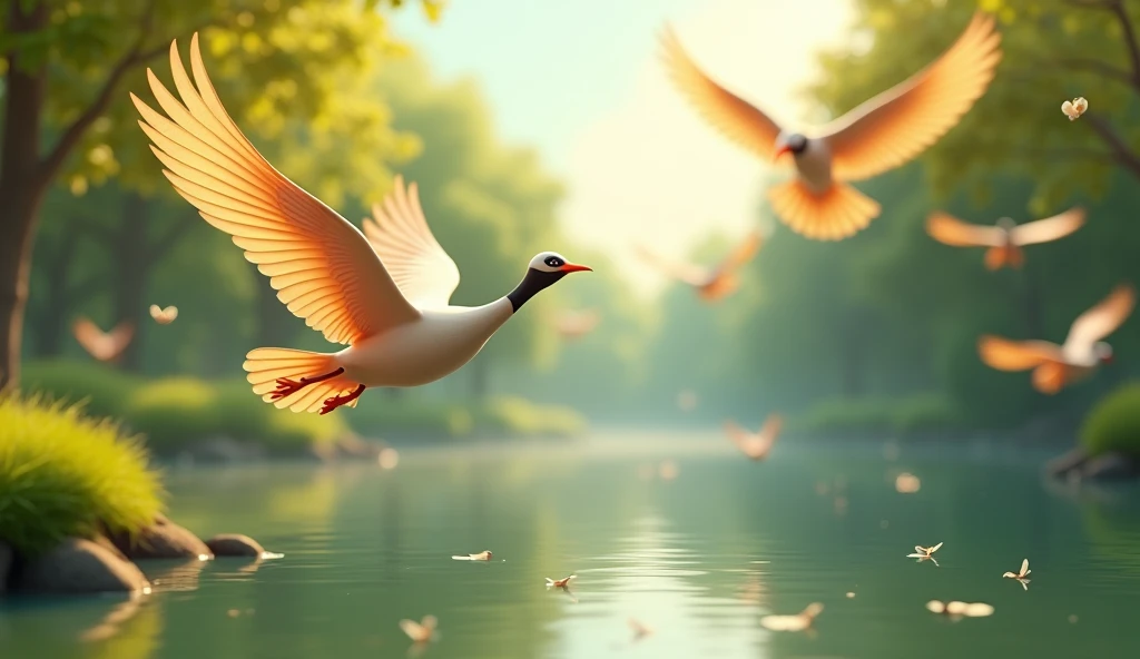 In Cinematic 3d cartoon style"many birds flying, on the bottom a lake,in the forest, spring season,in the background few flowers dropping