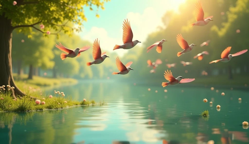 In Cinematic 3d cartoon style"many birds flying, on the bottom a lake,in the forest, spring season,in the background few flowers dropping 