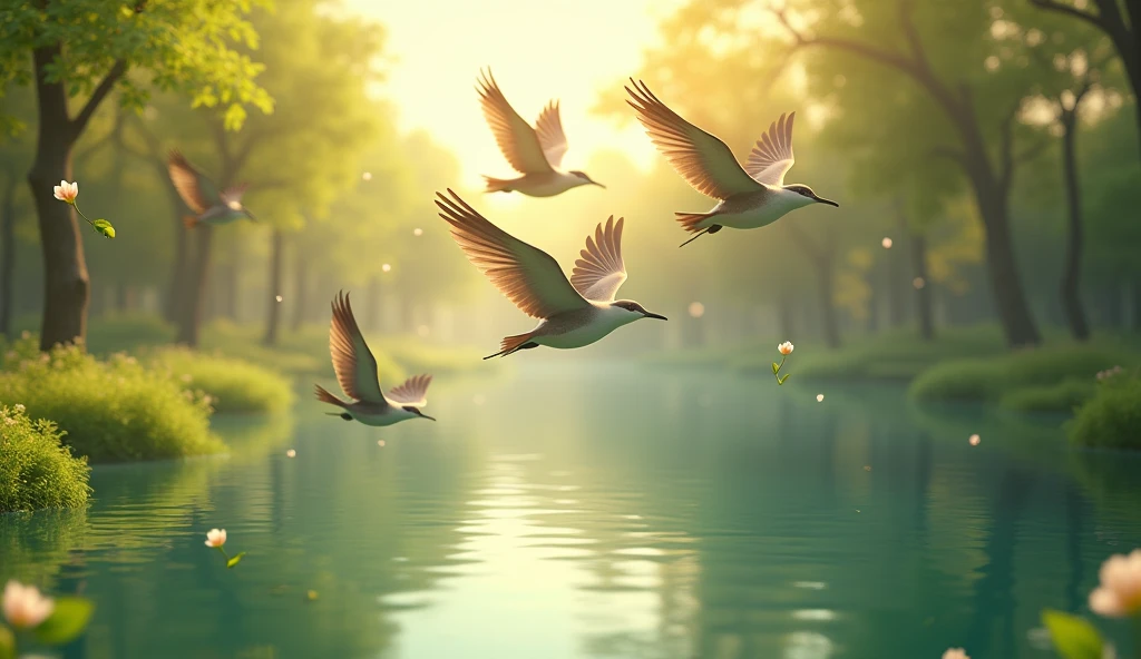 In Cinematic 3d cartoon style"many birds flying, on the bottom a lake,in the forest, spring season,in the background few flowers dropping