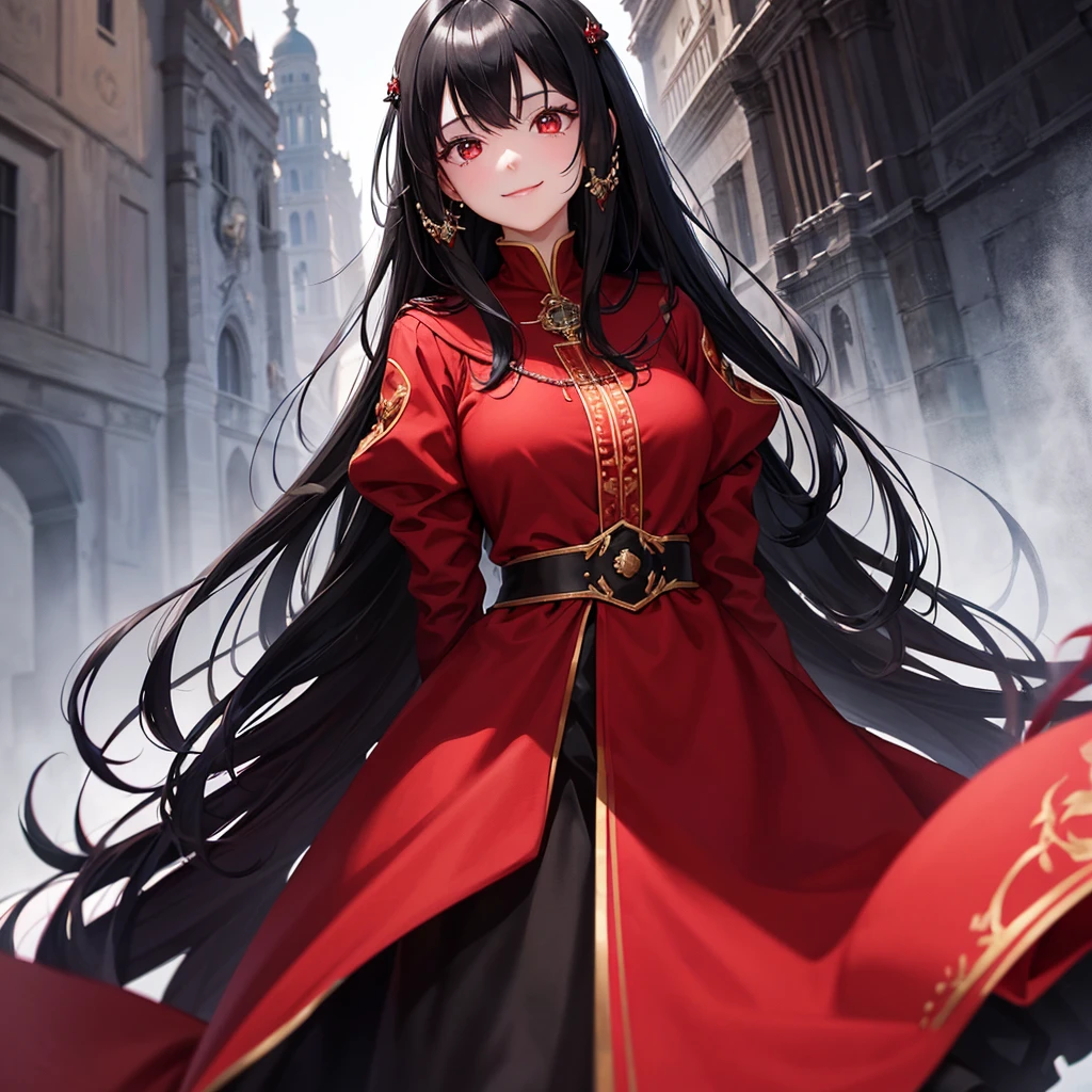 A girl black hair, very red eyes, scared smile. She wearing a royal clothing.