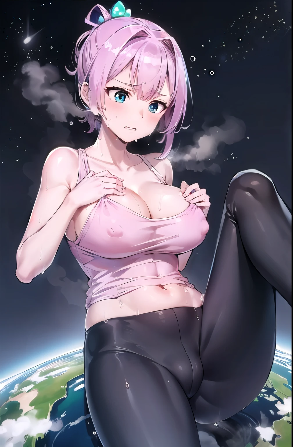 ((giantess), , Pleasure, Long legs, Sweat,, A woman bigger than the Earth, Earth, planet, Space Background, A woman walking on Earth, UHD,Cleavage, Wearing pink sportswear that shows off her cleavage, Wear black yoga pants underneath, erect nipples, navel, Long legs, Tightens abs, No chest leakage, skinny pants,, ((Sweat)), (((Falling sweat))), Thighs, Steam from the body, shiranui_kantaicollection, pink_hair, short_hair, ponytail, blue_eyes, best quality, masterpiece, highres