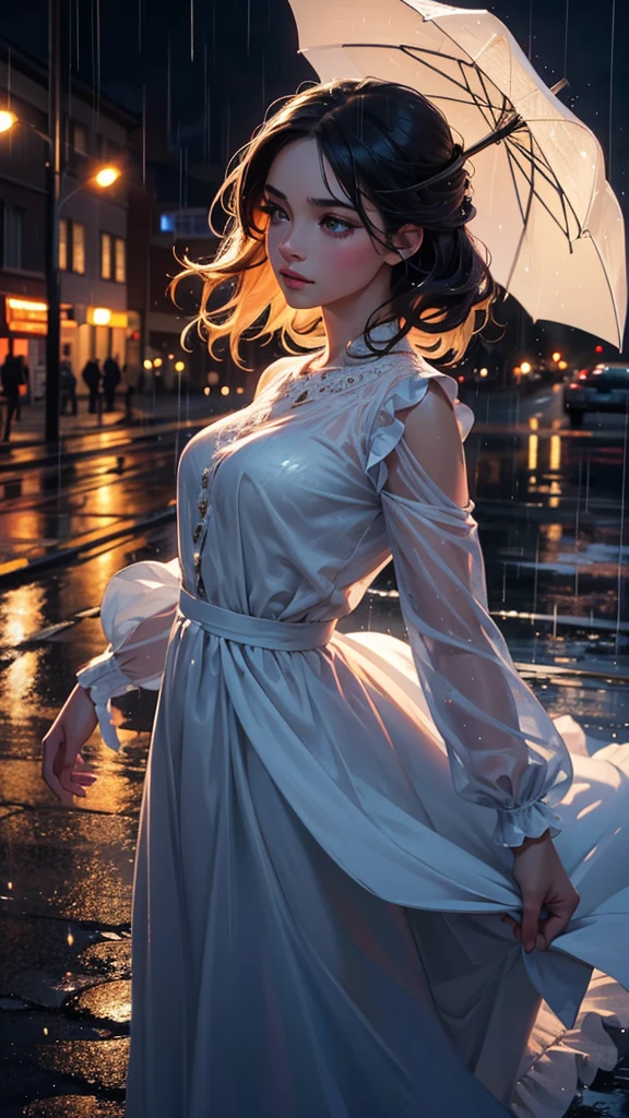 a girl dancing in the rain, detailed portrait of a young woman, beautiful detailed eyes, beautiful detailed lips, extremely detailed eyes and face, long eyelashes, wet hair, rain falling, flowers on the road, outdoors, medium: digital painting, (best quality,4k,8k,highres,masterpiece:1.2),ultra-detailed,(realistic,photorealistic,photo-realistic:1.37),vibrant colors,dramatic lighting,romantic,cinematic