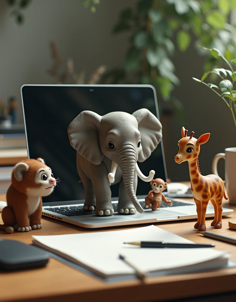 Create an image of an office desk with a realistic setup, including a macbook, mouse, smartphone, writing tools, and tered sheets of paper. Among these everyday items, place incredibly small, lifelike animals, such as an elephant, tiger, monkzebra, and giraffe. The animals should look real and appear as if they are naturally interacting with the office supplies.