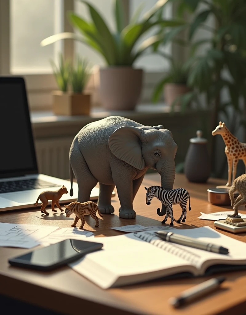 Create an image of an office desk with a realistic setup, including a macbook, mouse, smartphone, writing tools, and scattered sheets of paper. Among these everyday items, place incredibly small, lifelike animals, such as an elephant, tiger, monkey, zebra, and giraffe. The animals should look real and appear as if they are naturally interacting with the office supplies.