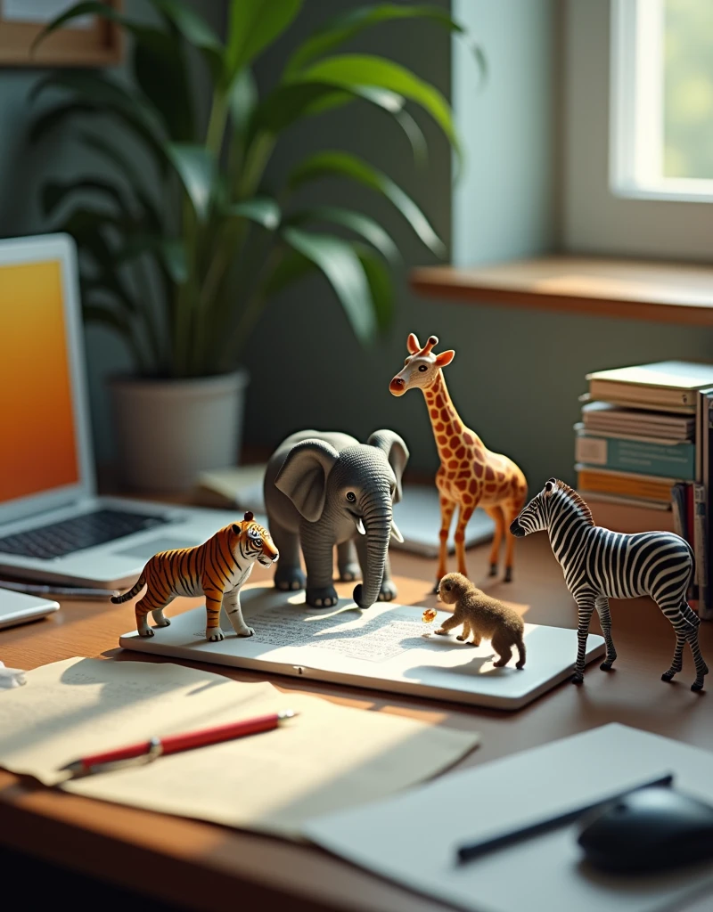 Create an image of an office desk with a realistic setup, including a macbook, mouse, smartphone, writing tools, and scattered sheets of paper. Among these everyday items, place incredibly small, lifelike animals, such as an elephant, tiger, monkey, zebra, and giraffe. The animals should look real and appear as if they are naturally interacting with the office supplies.
