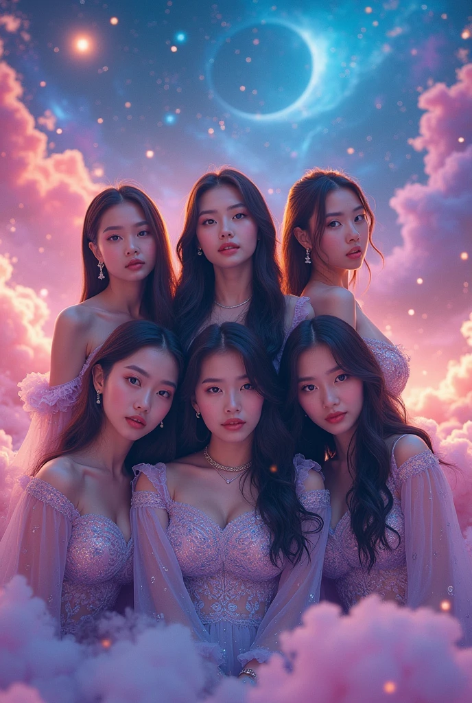 17-22 aged kpop girls. Make 3 of them look half american and korean and 3 of them fully korean. Concept photo. Make it look galaxy themed. 5 members only. All of them wear long sleve galaxy themed clothes. Make it look like this is their debut album. Debut is called nebula dreams