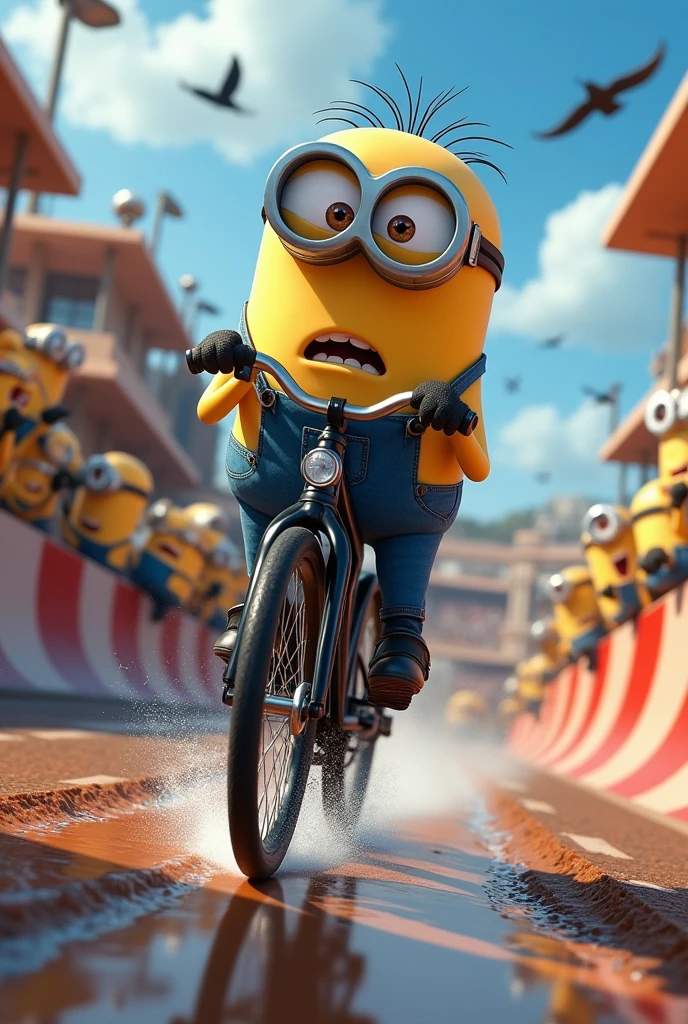 Minion Kevin black bike in bike race encounter obstacles on the track like puddles, quicksand, and a flock of birds flew by, but he still persevered. and other Minions